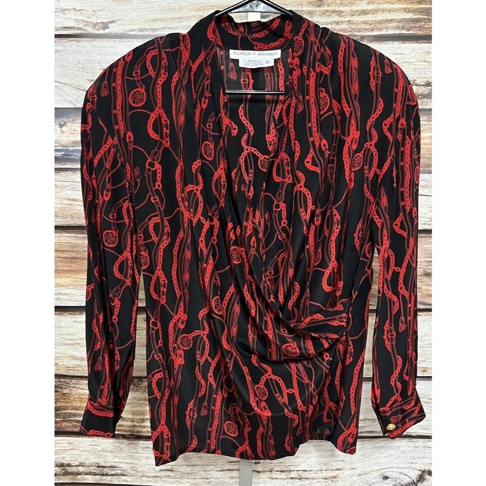 ELEANOR P BRENNER Blouse Womens Size Medium Top Long Sleeve Silk Red Black